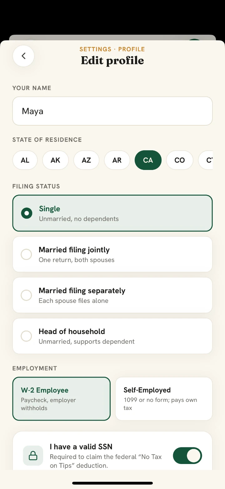 Qualified Tips app — Set your tax basics once